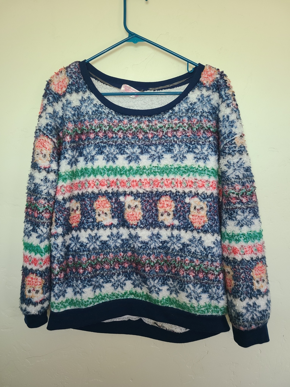 No Boundaries Navy Multi Fuzzy Crewneck Christmas Sweater